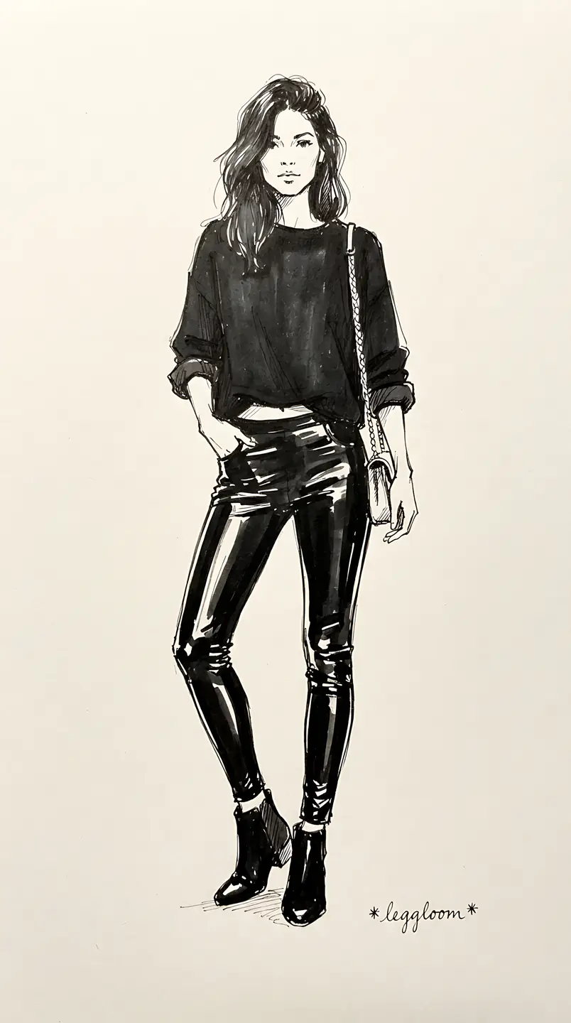 Ink sketch of a figure standing in leather leggings.