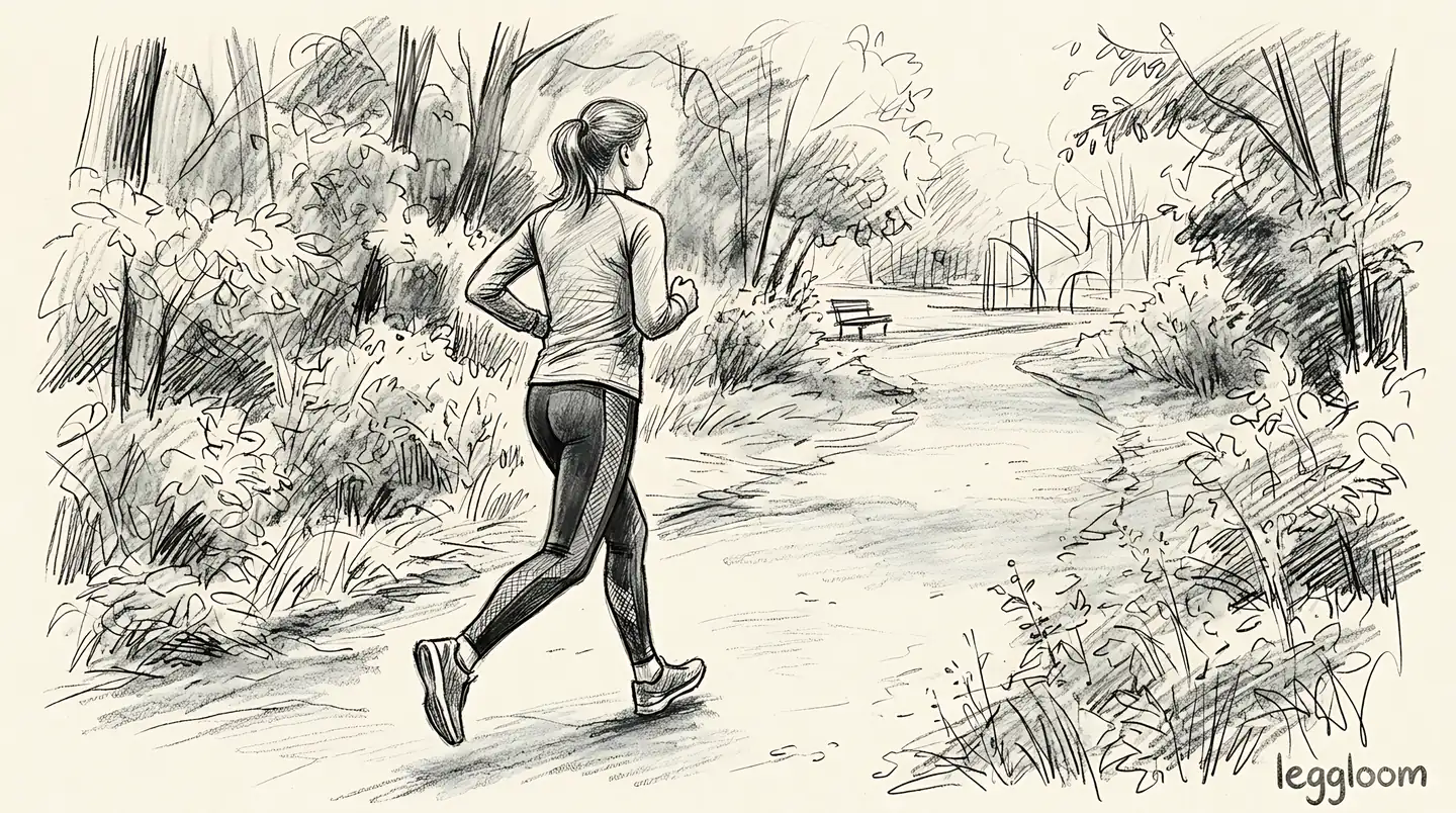 Pencil sketch of a woman running along a tree-lined park path.