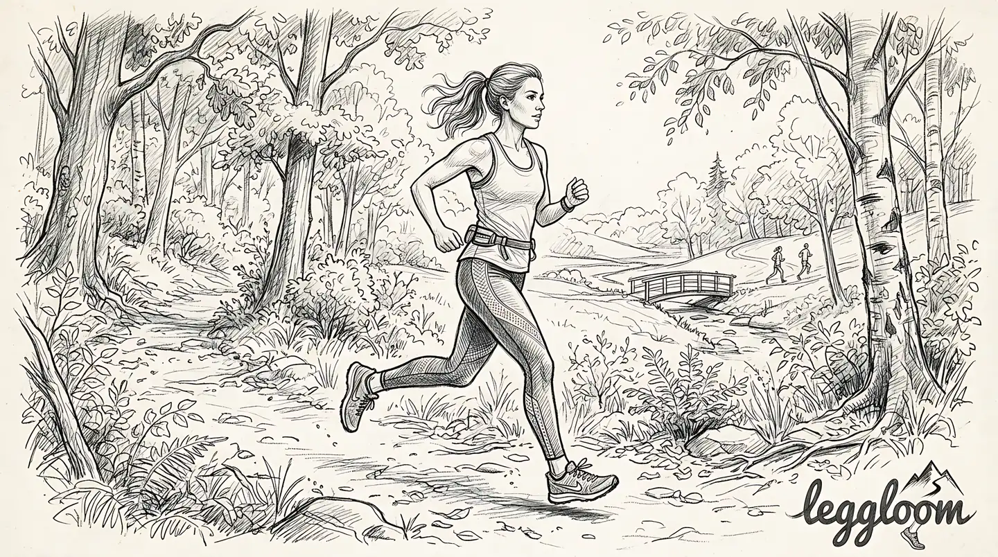 Pencil sketch of a jogger running through a forest path in low light.