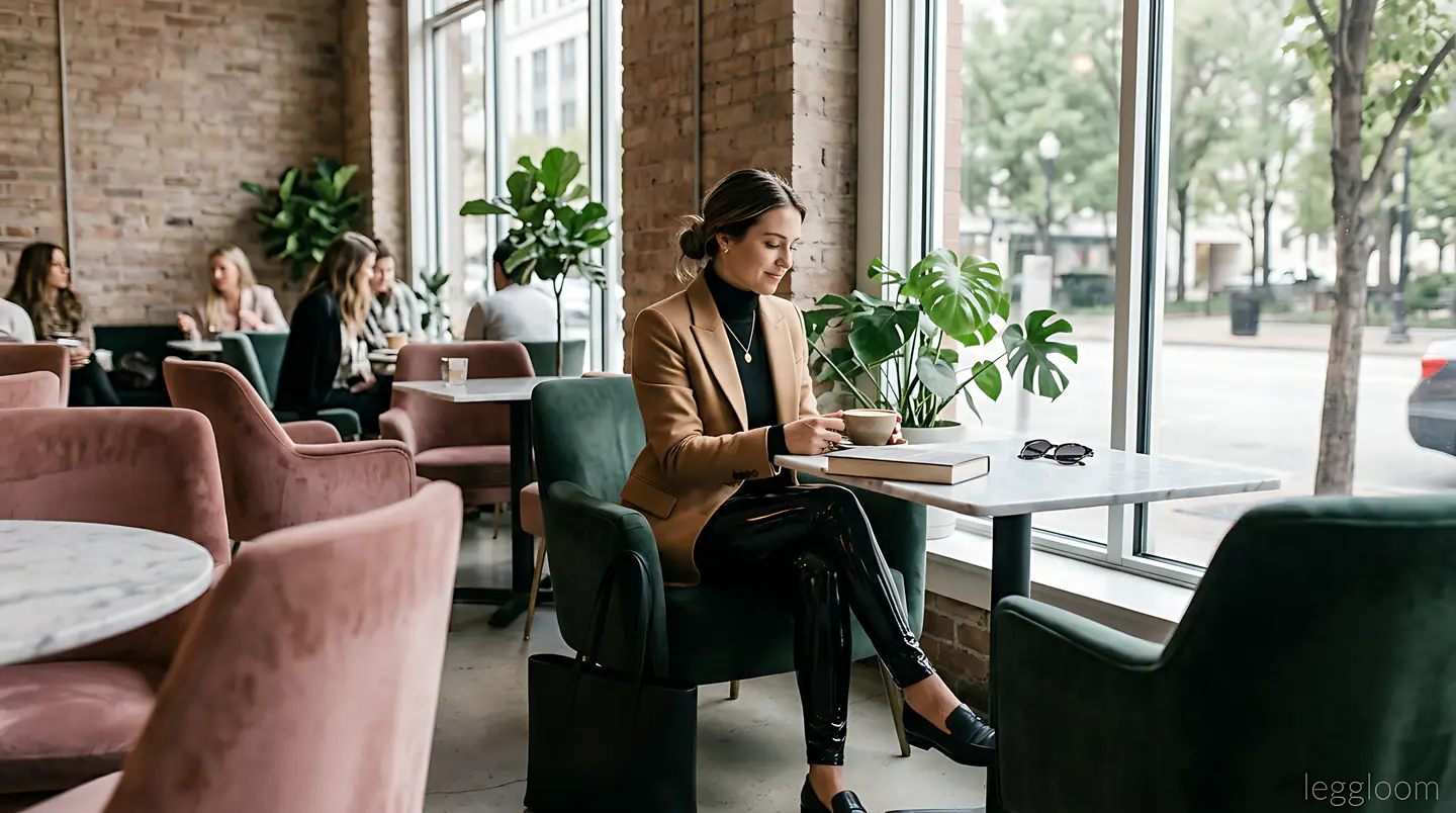 Two women seated at a cafe in an editorial fashion scene, one wearing leggings.