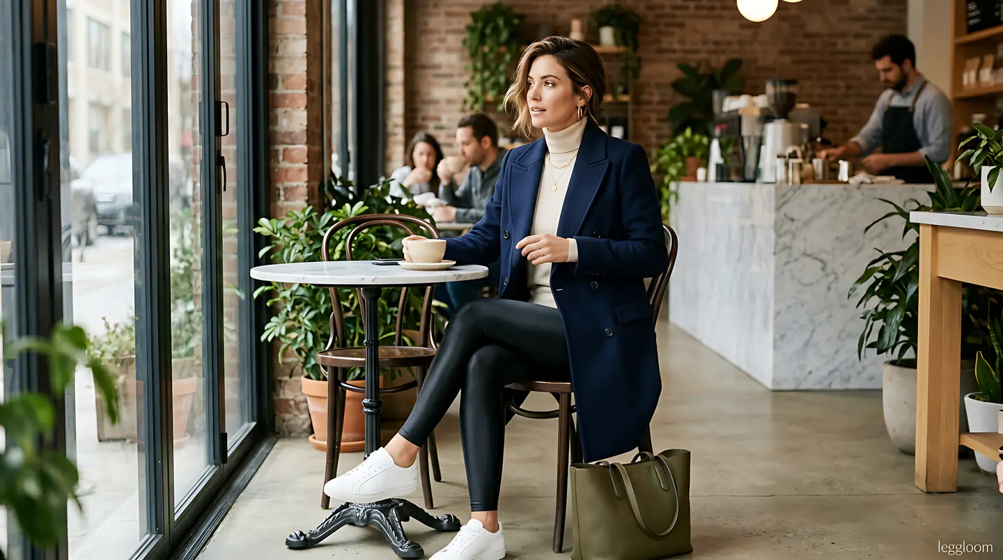 Woman in tailored outerwear and leggings seated by a cafe window.