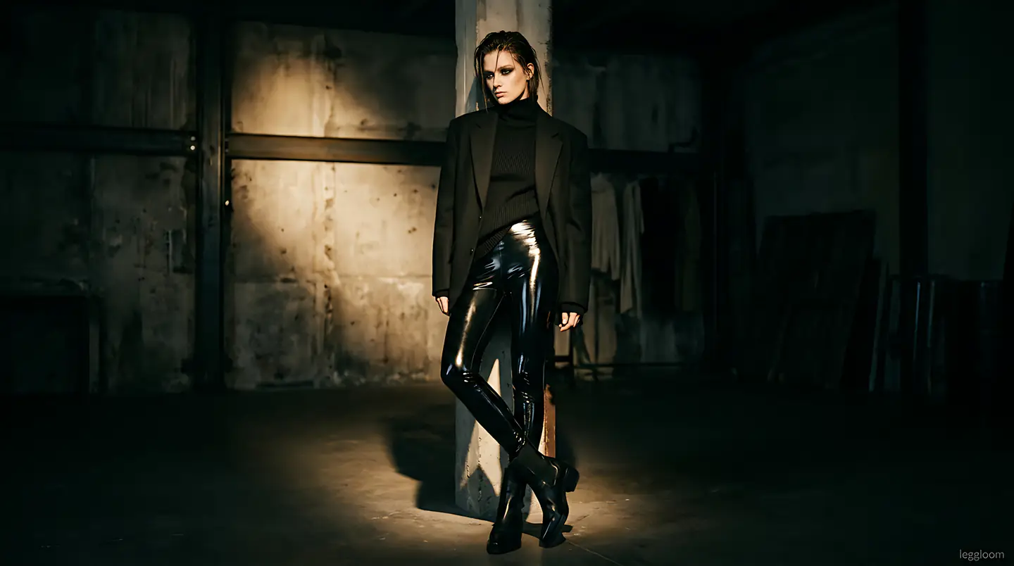 Woman standing in a dim industrial space pierced by a single beam of light.