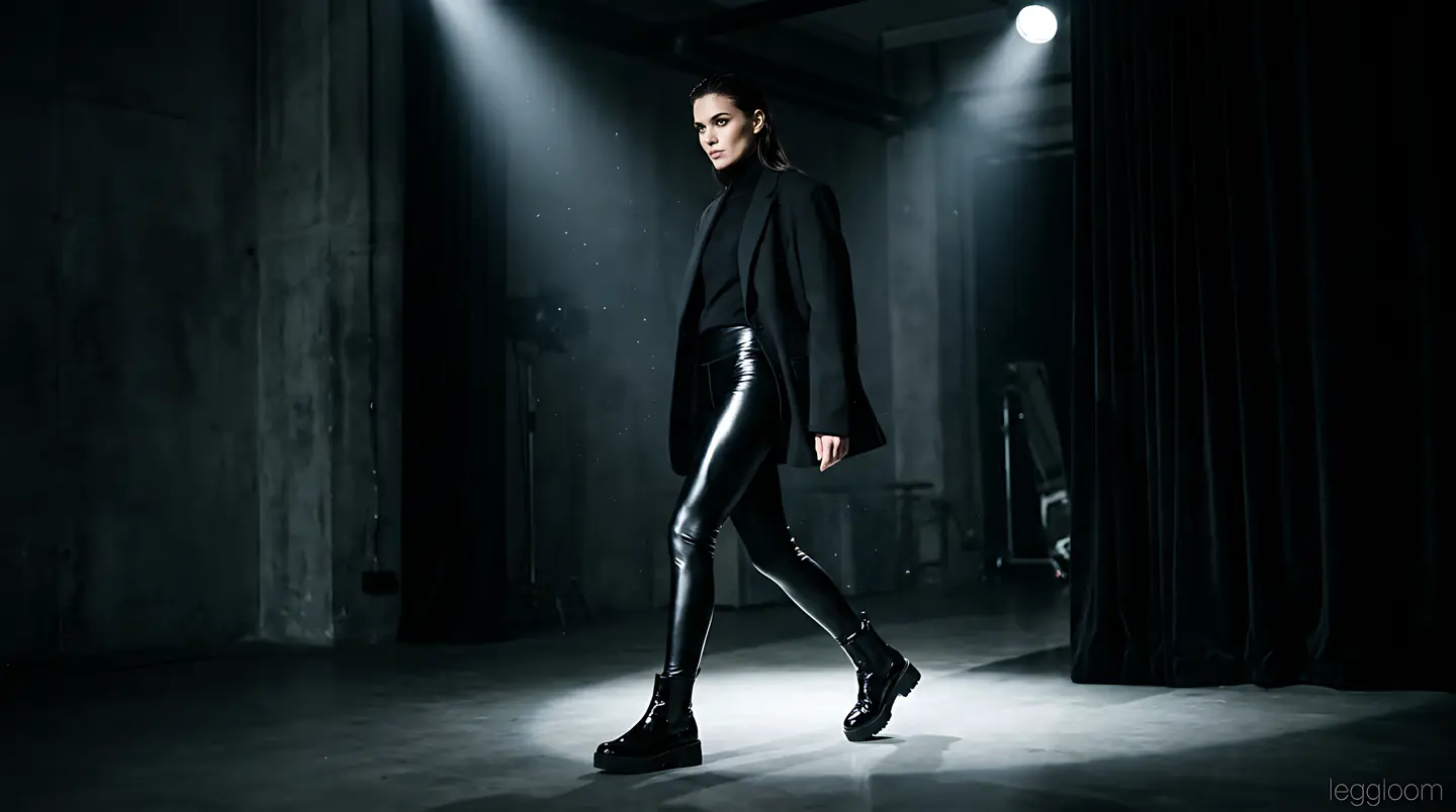 Woman striding through a dark studio under a single spotlight, glossy leggings catching the light.