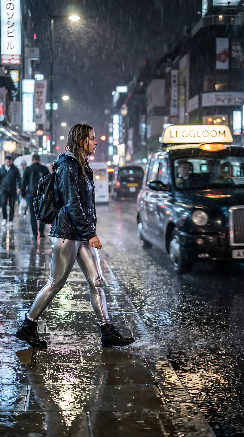 Person walking a rainy city street at night beneath a taxi's lights.