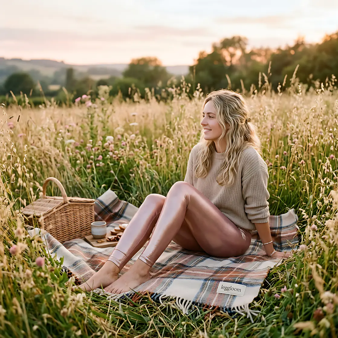 Two friends picnicking in a grass field at golden hour.