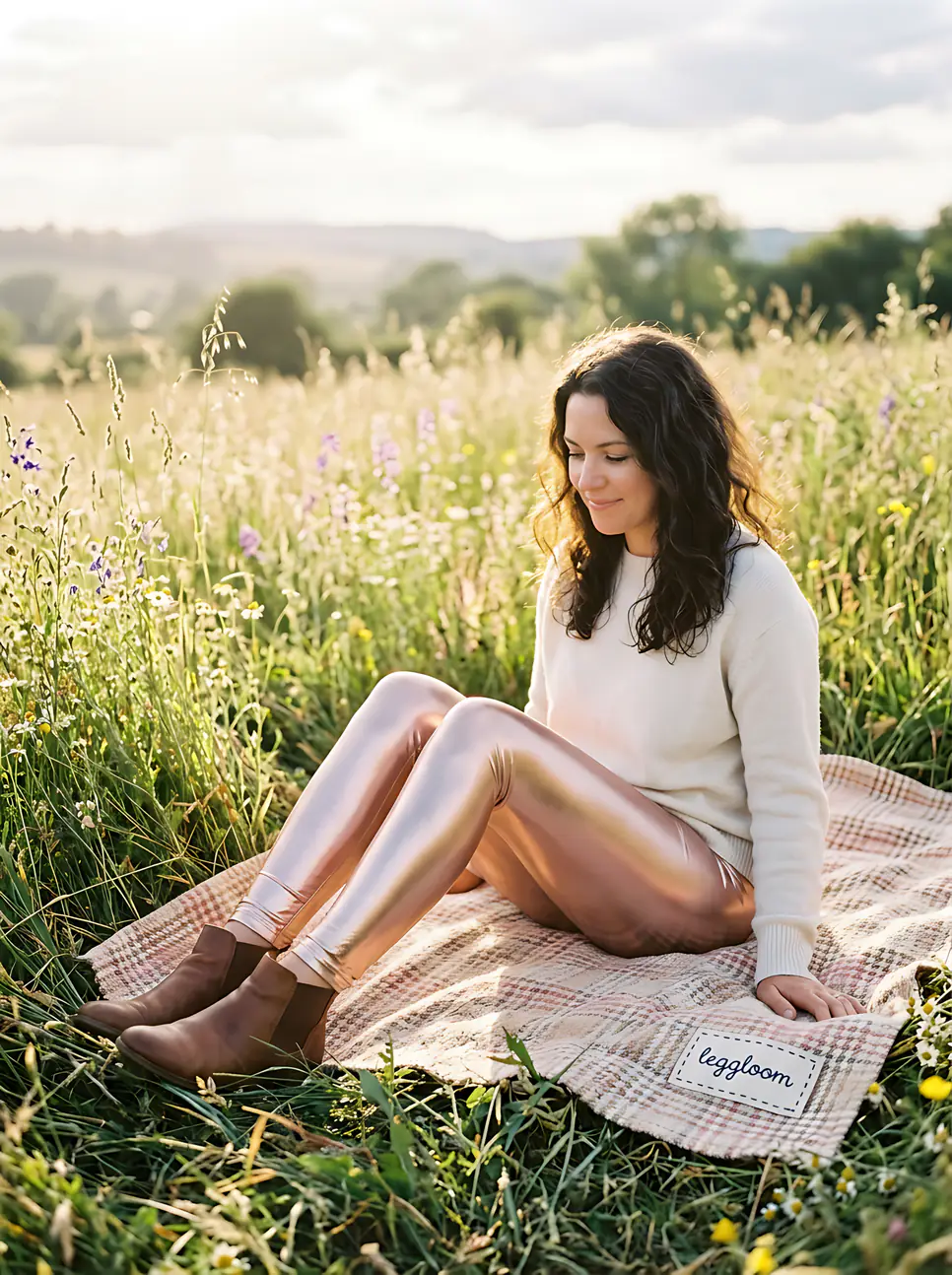 Woman sitting in tall grass with a warm drink.