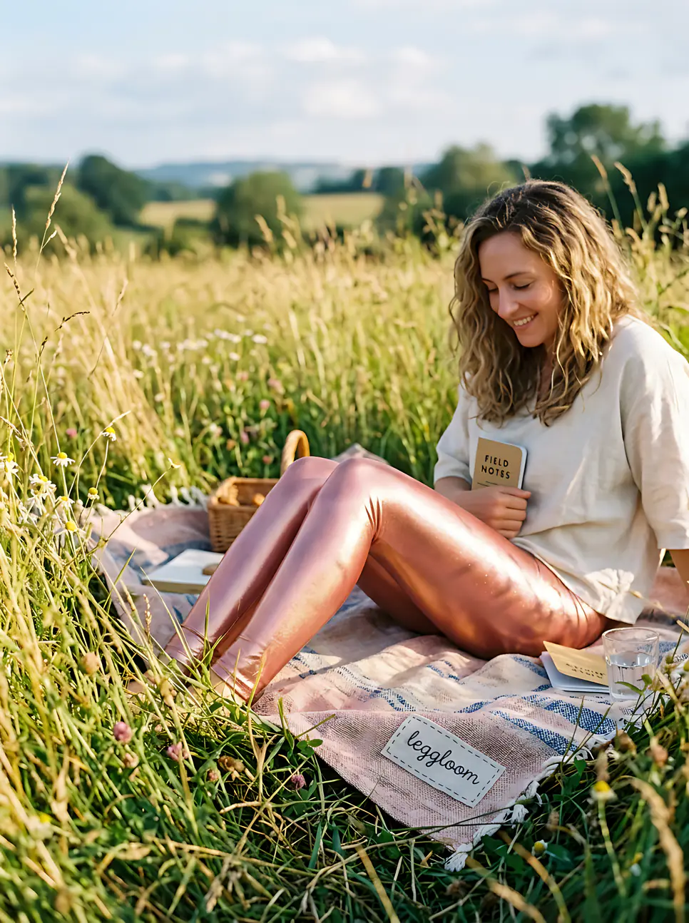 Woman sitting on a picnic blanket with a coffee in a meadow.