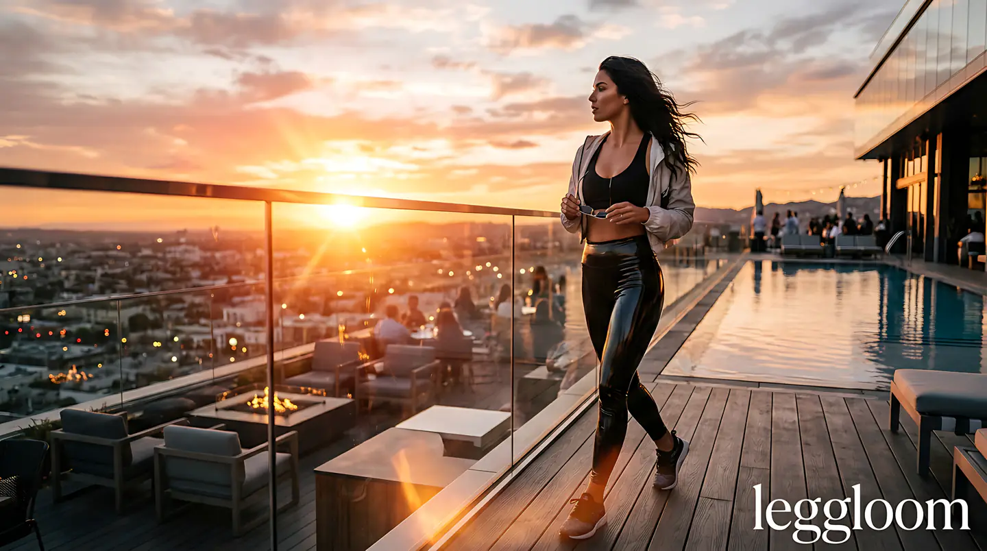 Woman walking along a rooftop terrace with a pool at sunset, city skyline beyond.