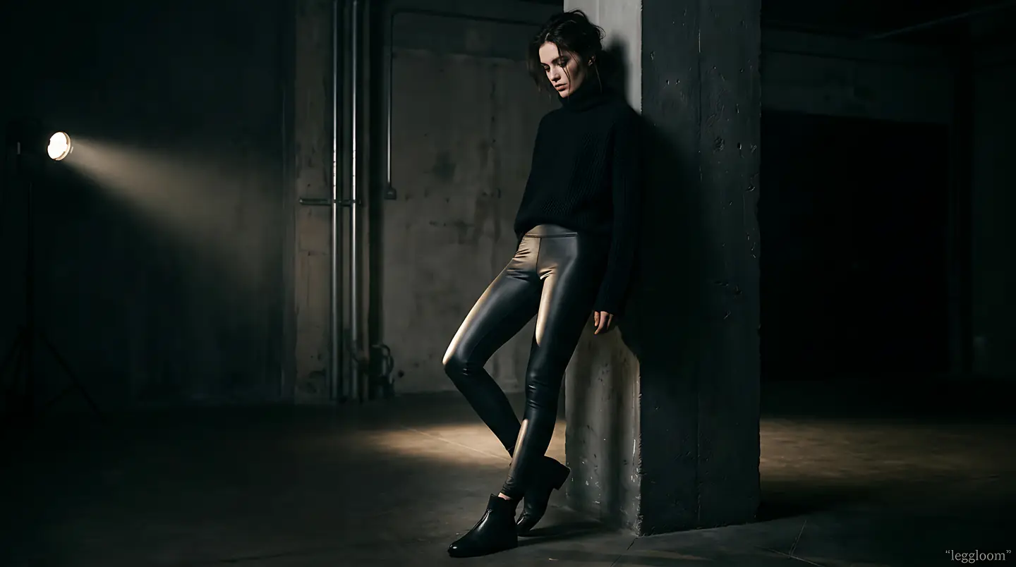 Woman leaning against a concrete wall in a dark space with a spotlight beam across her.