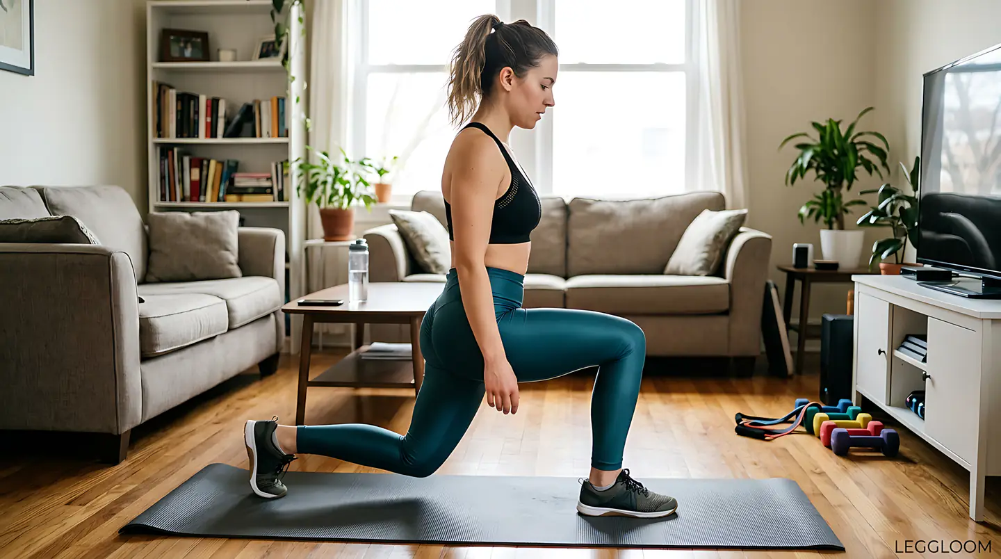 Woman lunging in her living room beside a sofa.