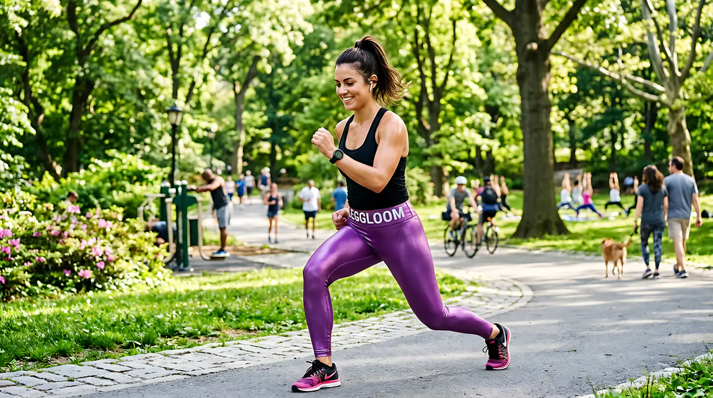 Woman lunging on a park path in purple leggings.