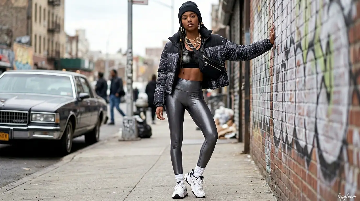 Woman in shiny leggings walking past a graffitied city wall.