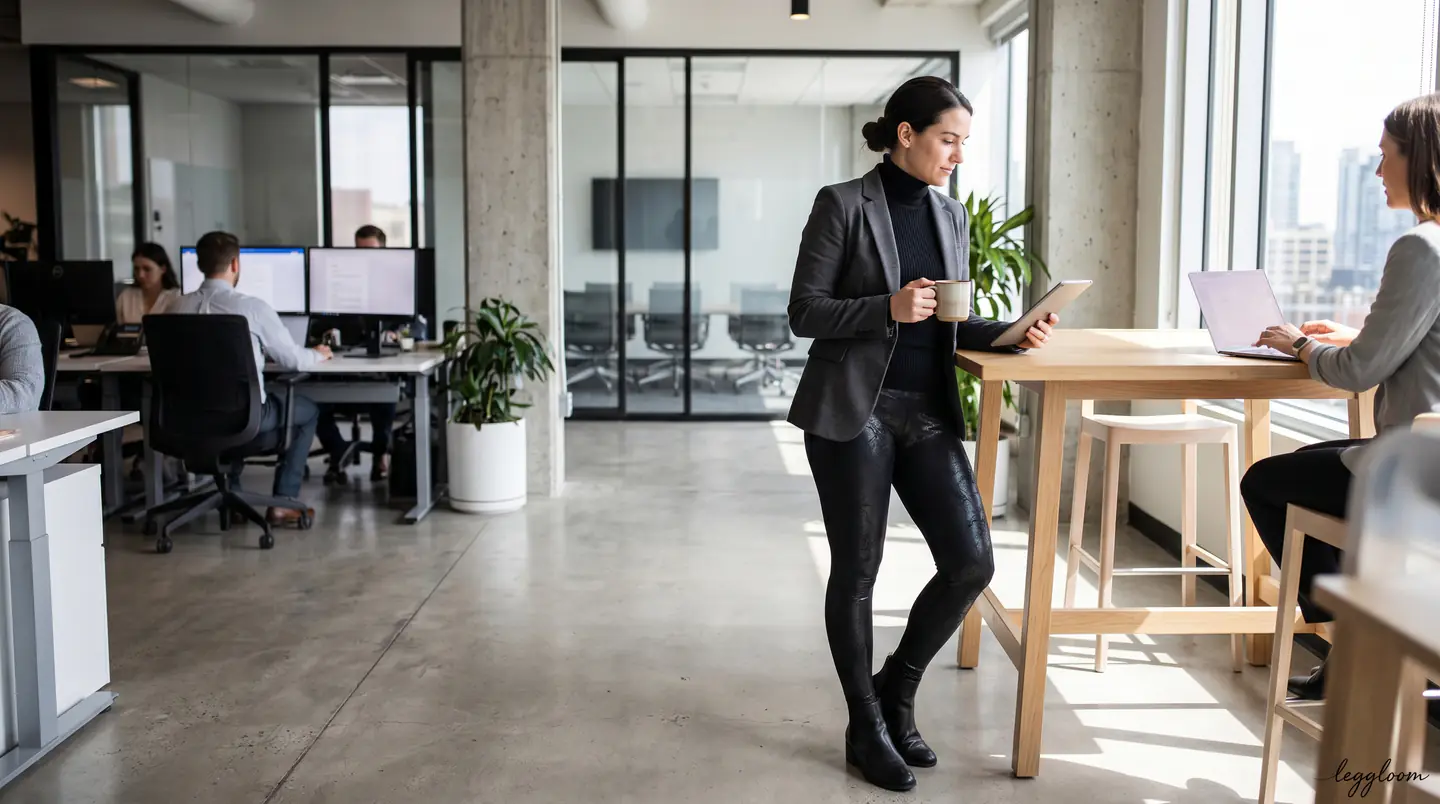Woman standing by floor-to-ceiling windows in a modern office.