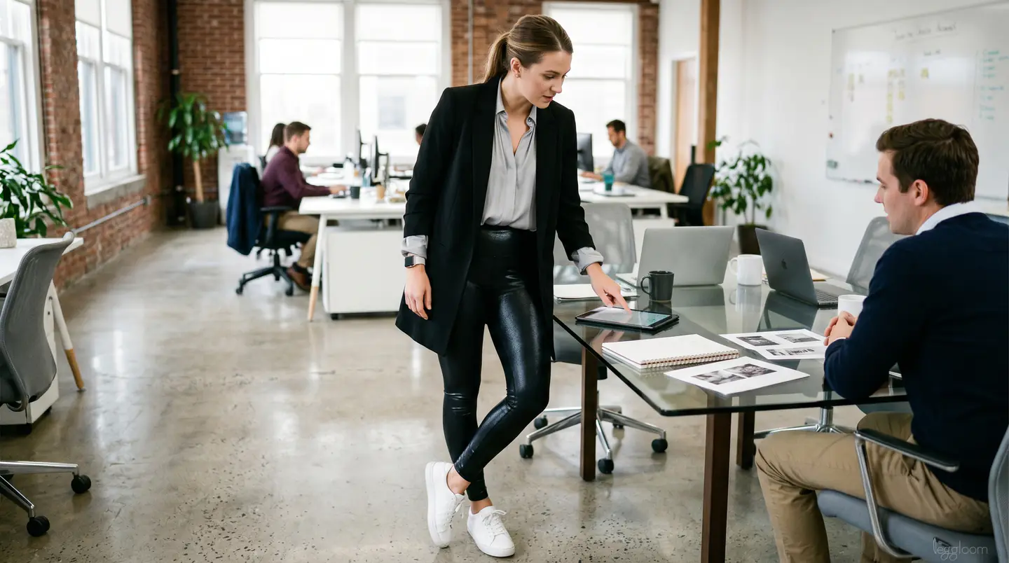 Woman in black leggings walking through a bright open-plan office.