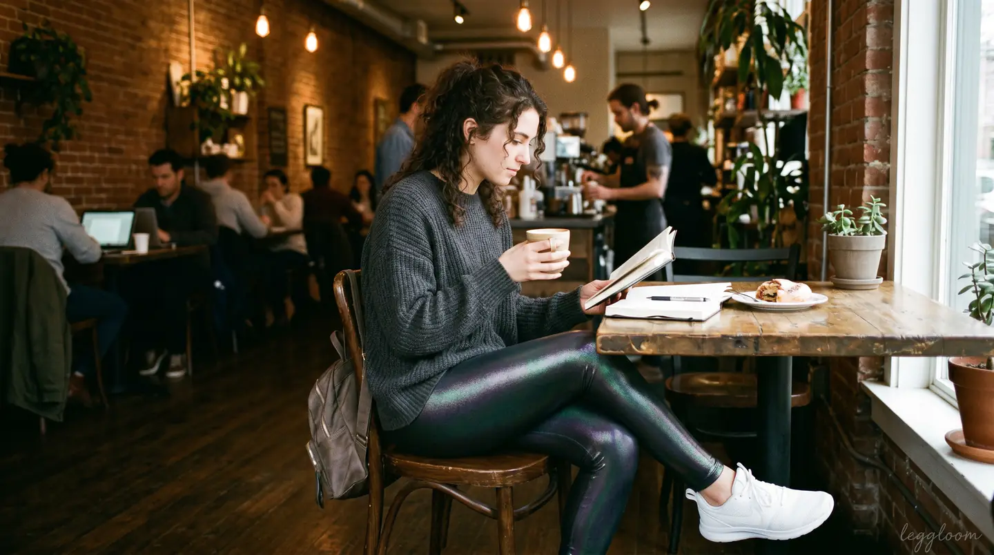 Woman seated in a warm, busy coffee shop.