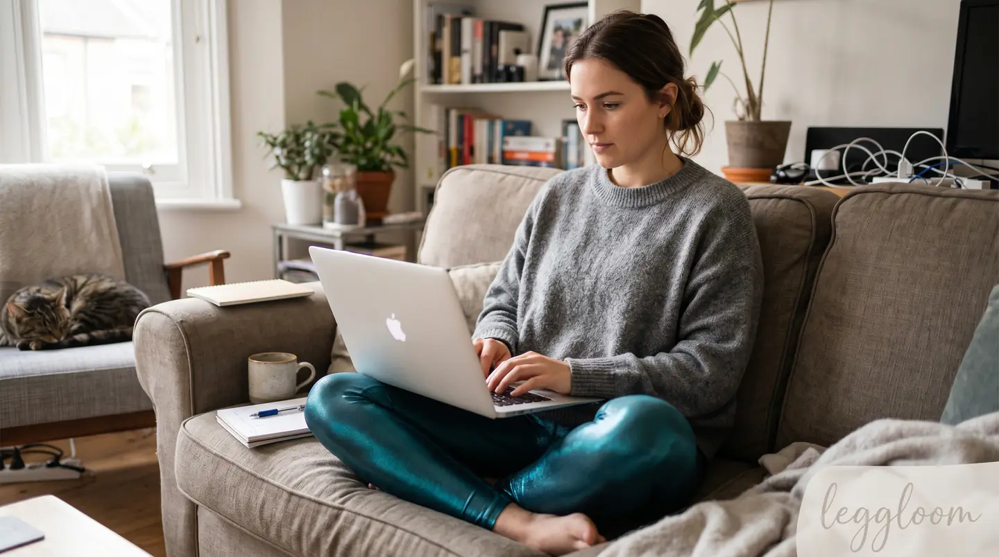 Woman working on a laptop from her sofa at home.