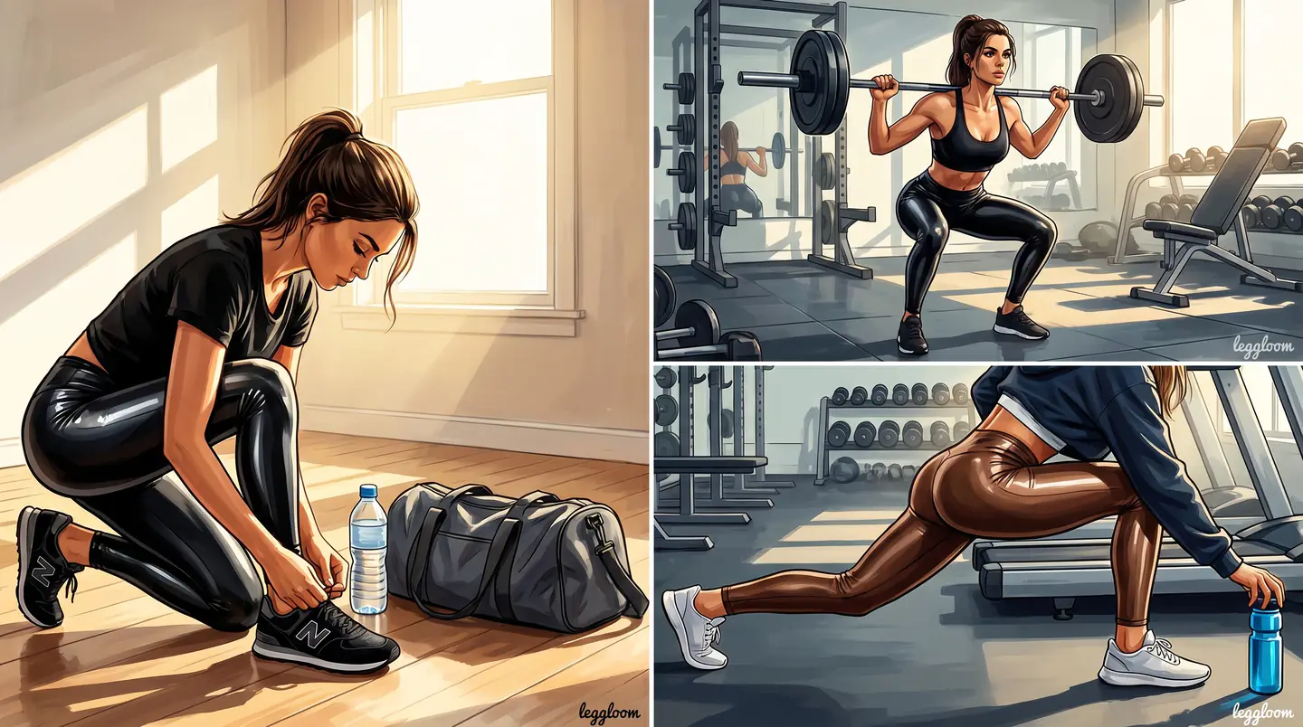 Collage of four studio workout scenes with kettlebells and lunges.