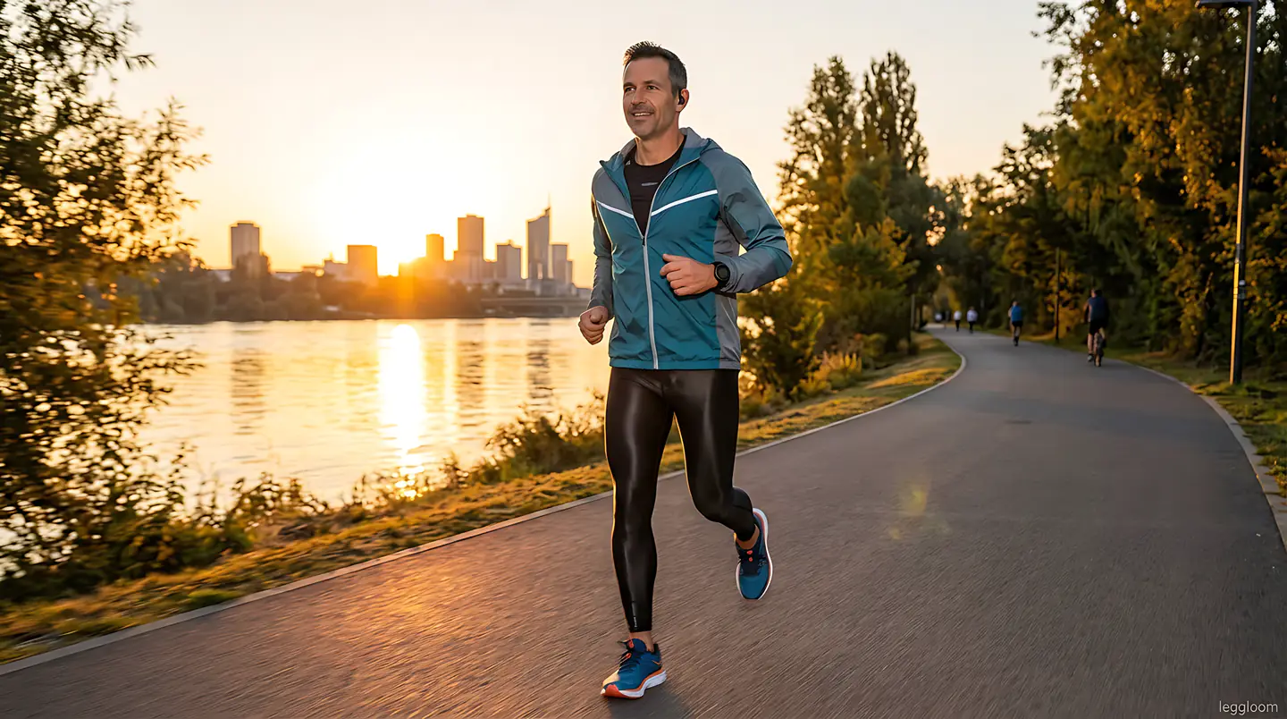 Man jogging along a riverside boardwalk at sunrise with a city skyline in the background.