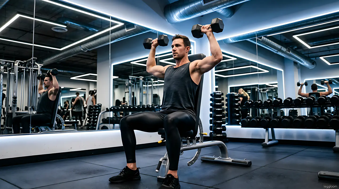 Man seated on a gym bench performing a dumbbell shoulder press.