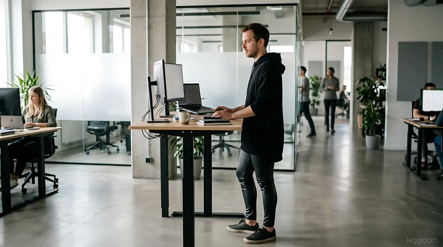 Man working at a standing desk in an open-plan office.