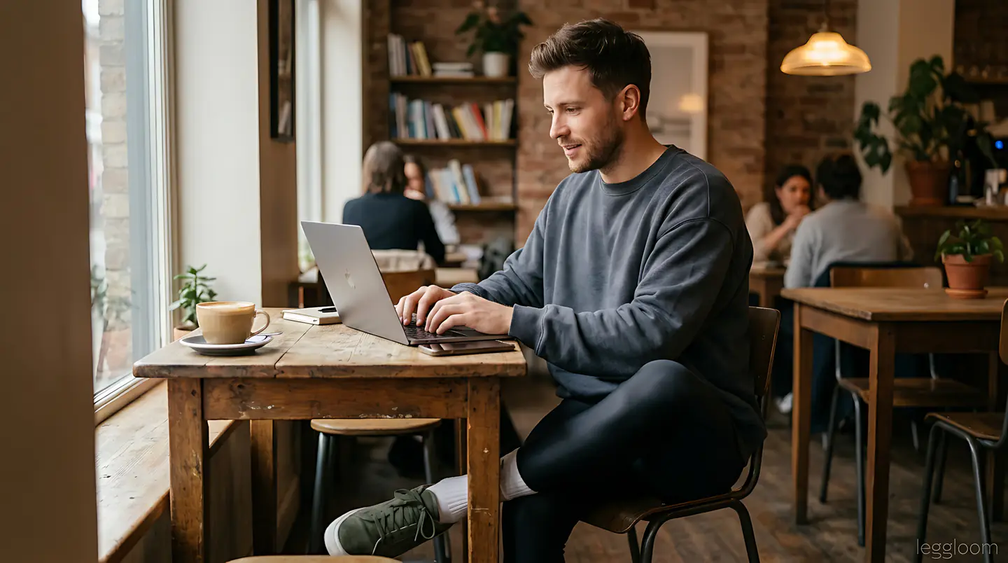 Man working on a laptop at a wooden cafe table with a coffee beside him.