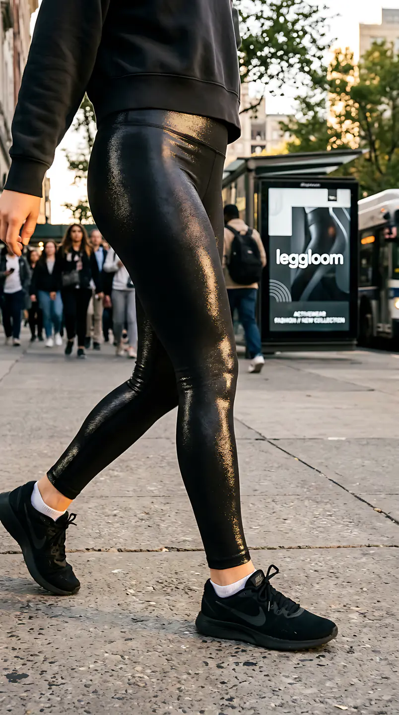 Legs in metallic leggings crossing a city pavement.
