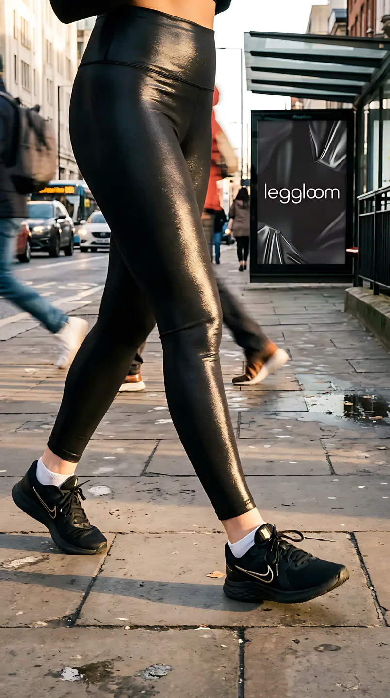 Legs walking in metallic leggings in daylight.