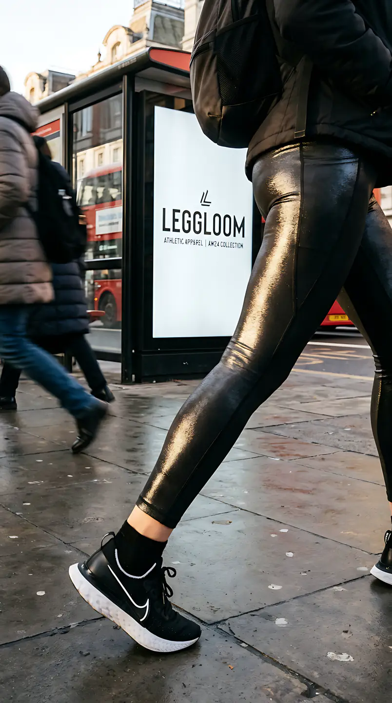 Legs in metallic leggings catching sunlight on a city street.