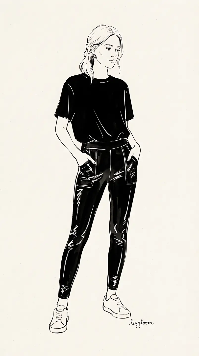 Minimalist ink drawing of a figure in leather leggings.