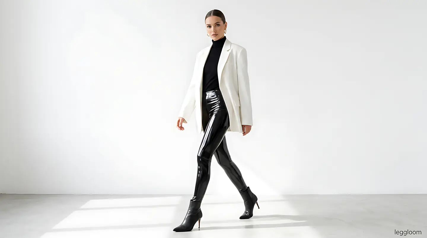 Woman in a white blazer and shiny leggings walking across a white studio backdrop.