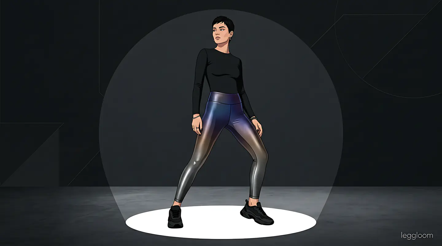 Woman in iridescent metallic leggings posing on a dark set inside a circular spotlight.