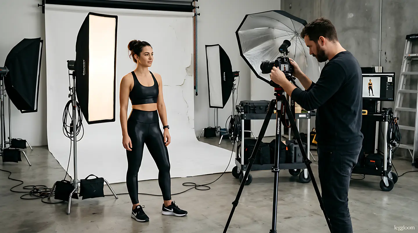 Model posing on a white backdrop while a photographer and lighting rig work around her.