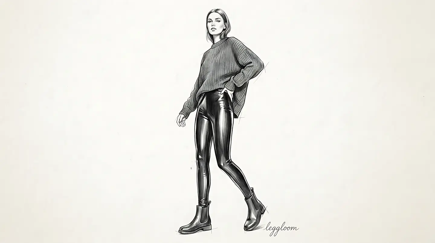 Graphite illustration of a woman in a sweater and metallic leggings with a hand in her pocket.
