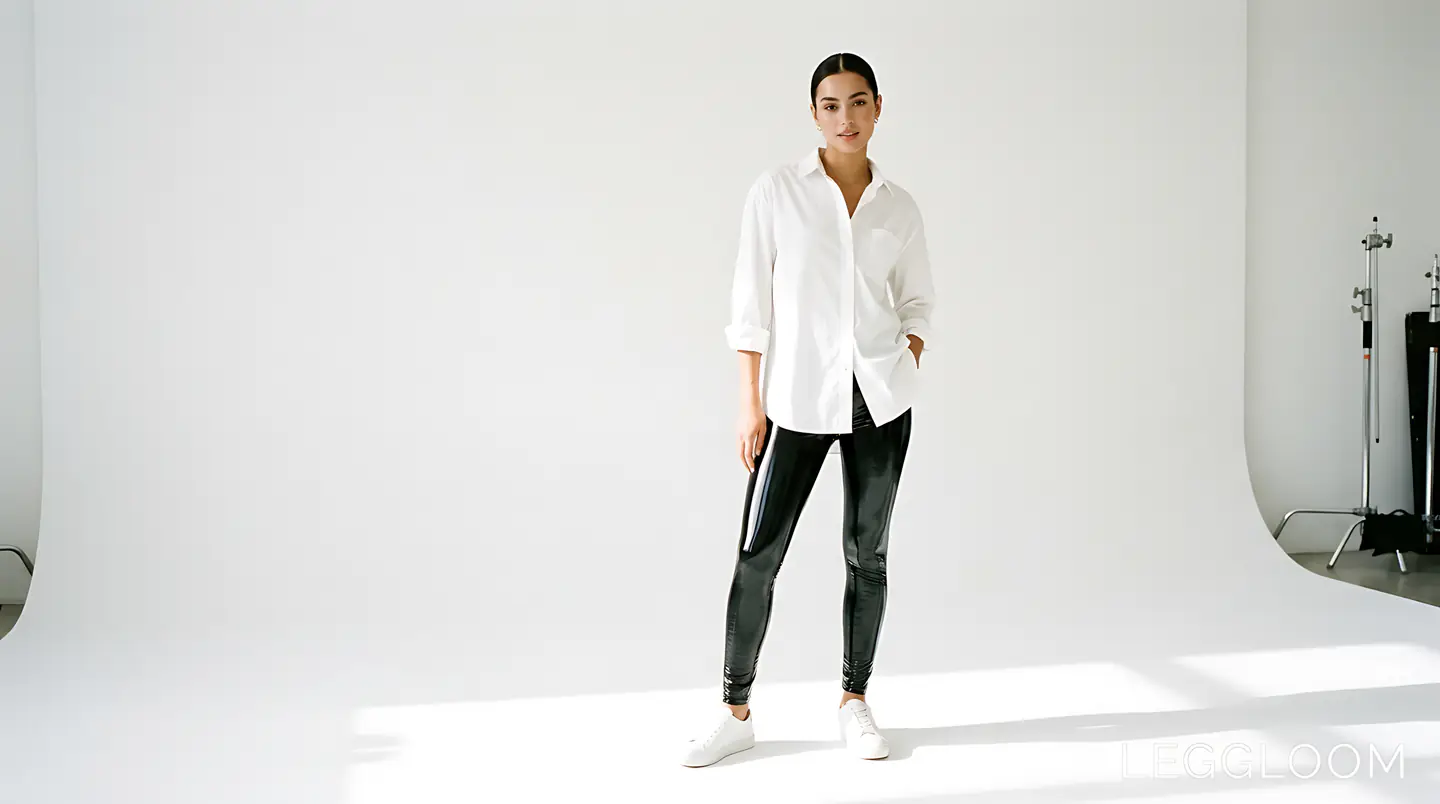 Woman in a white shirt and shiny leggings standing on a white studio backdrop.