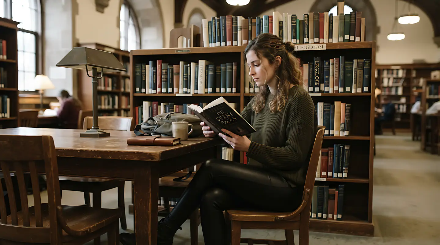Woman reading at a library table beneath tall shelves.