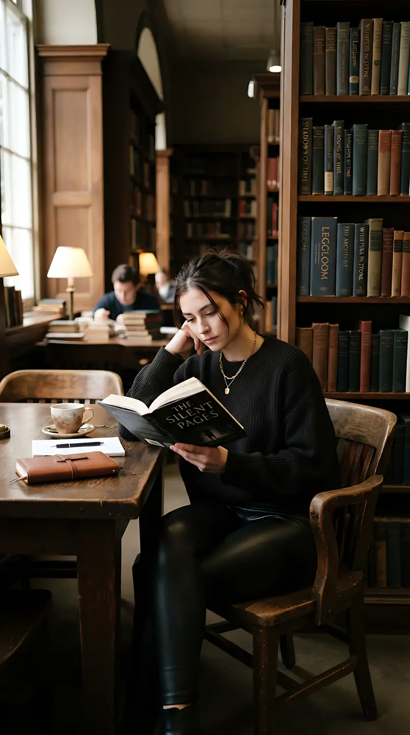 Woman absorbed in a book in a quiet library.