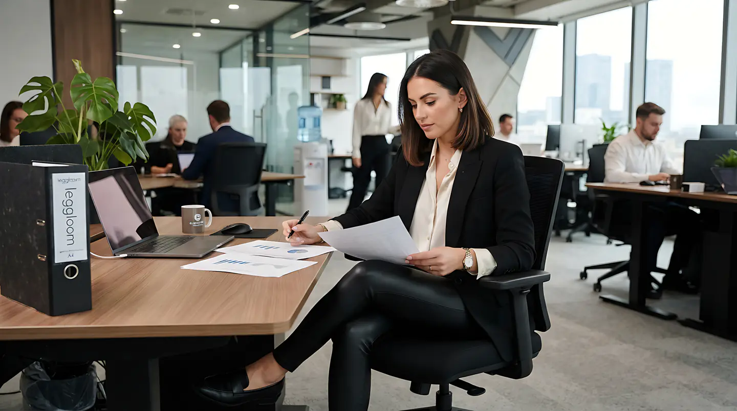 Woman reading through paperwork at her office desk.