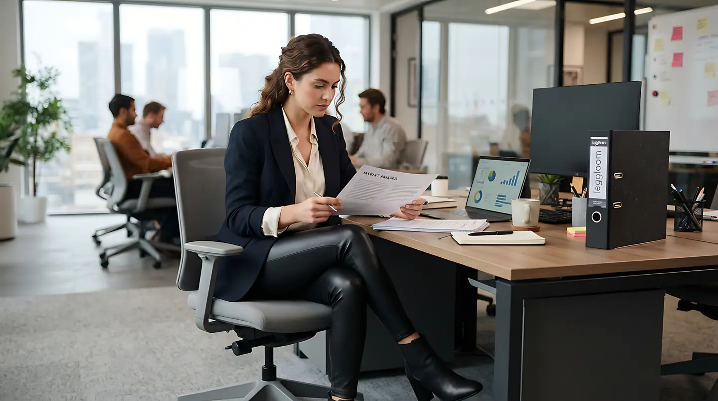 Two colleagues reviewing documents at a desk in a bright office.
