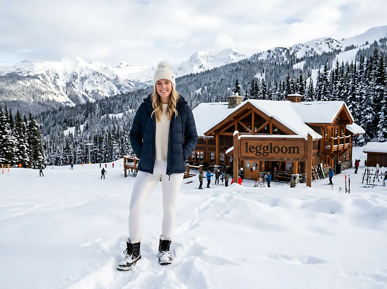 Woman standing in snow with mountains behind her.