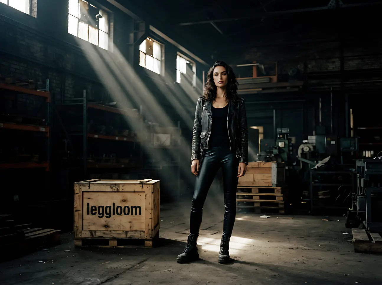 Woman in a warehouse crossed by shafts of light.