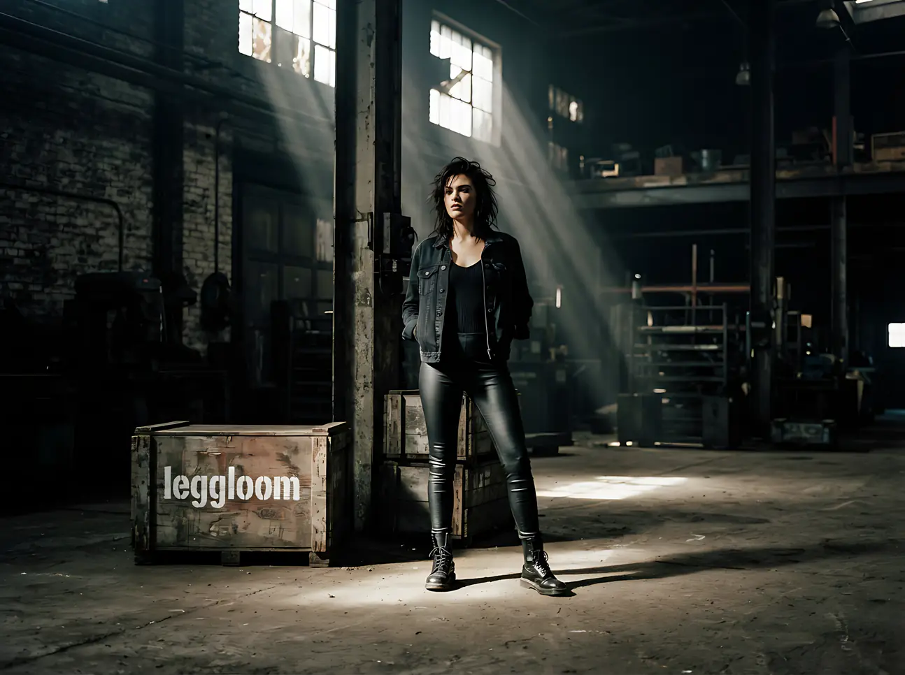 Woman in a dark warehouse beside stacked crates.