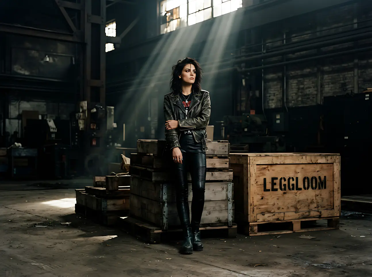 Woman standing by a Leggloom crate in a warehouse.