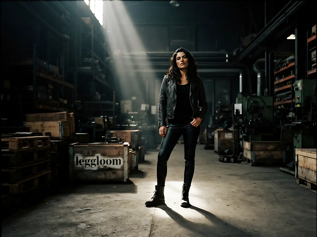 Woman standing in a sunlit industrial warehouse.