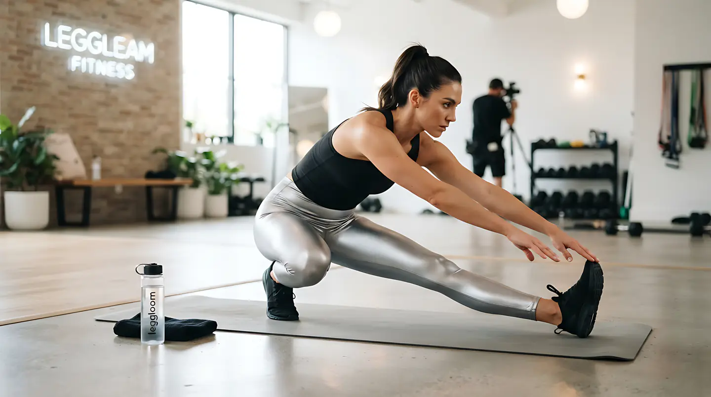 Woman stretching on a mat in a bright, busy gym.
