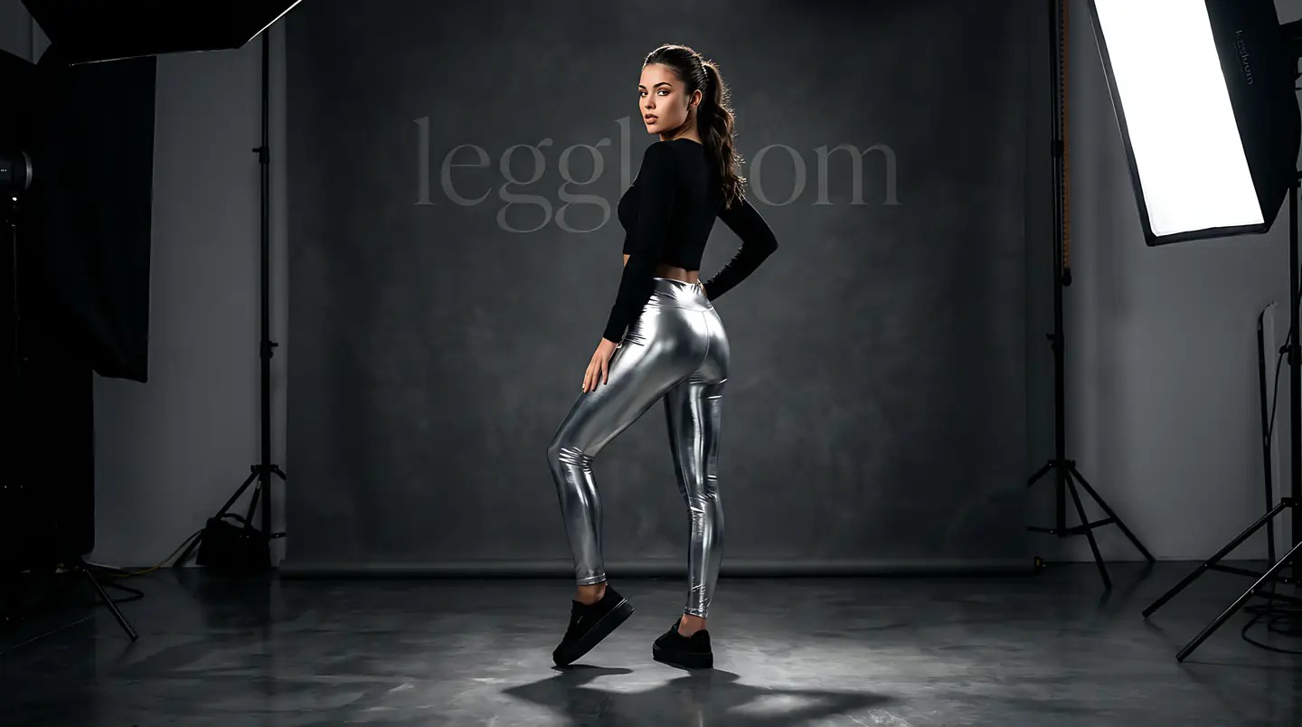 Woman in metallic leggings in a photo studio with a leggloom backdrop.