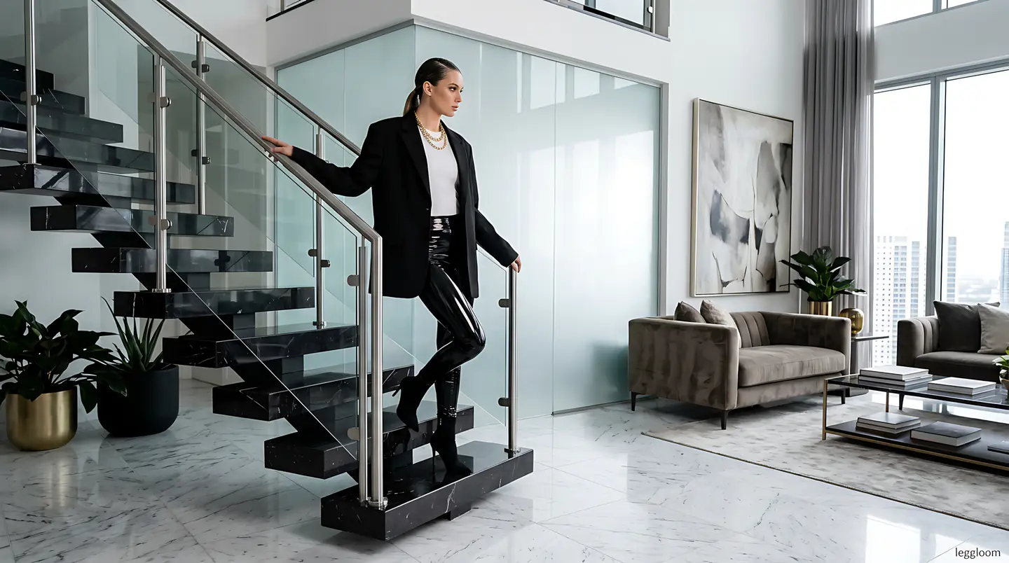 Woman in a black blazer and glossy leggings descending a staircase in a modern luxury home.