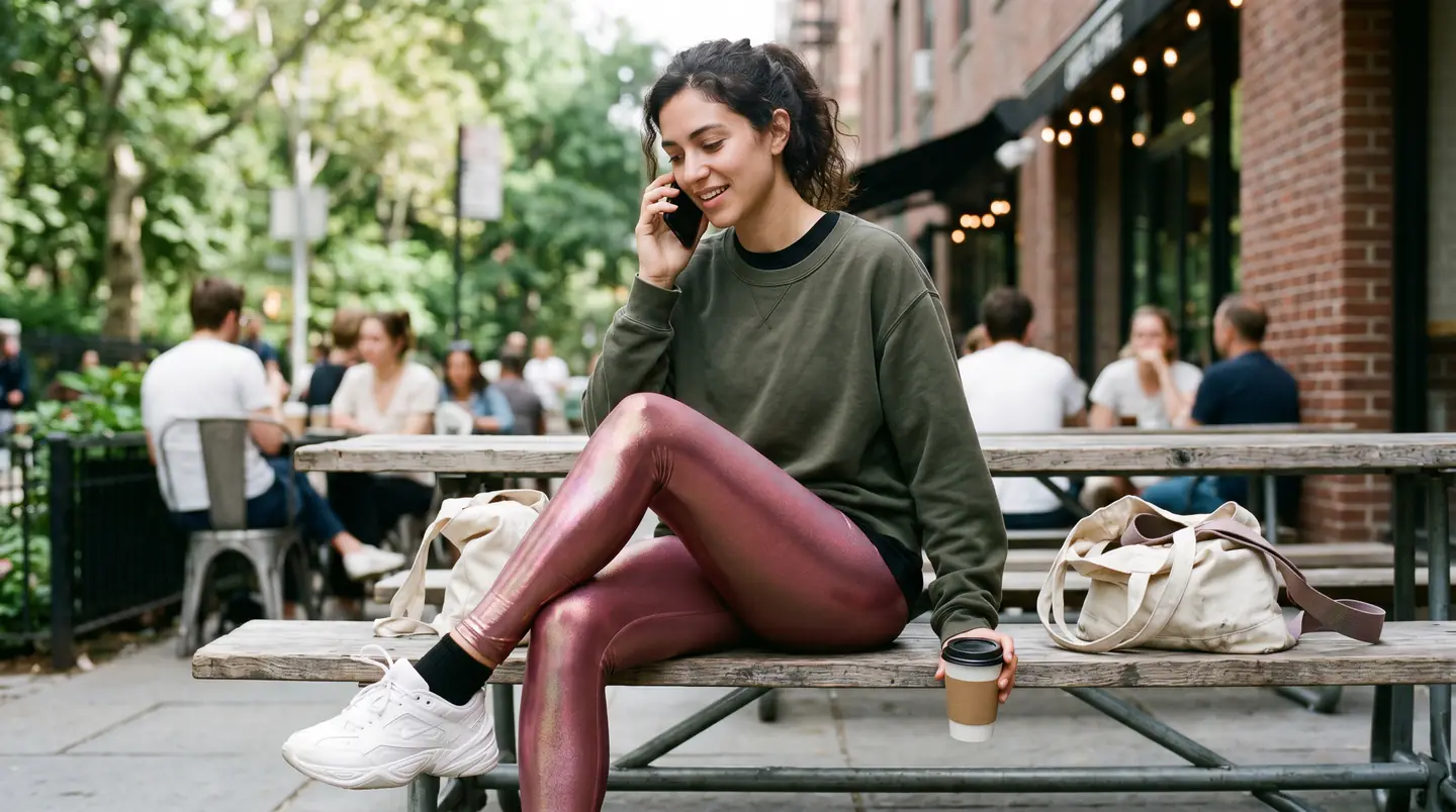 Woman taking a phone call at an outdoor cafe table.