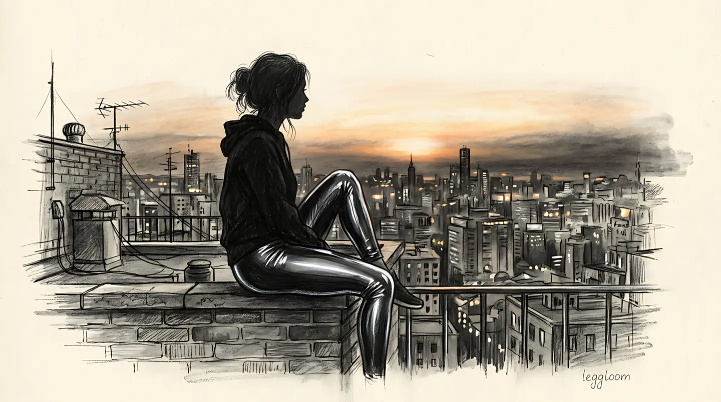 Ink and pencil illustration of a woman sitting on a rooftop ledge above a city skyline at sunset.
