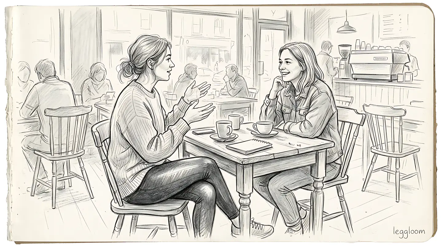 Wide pencil sketch of a cafe interior with two people at a table.