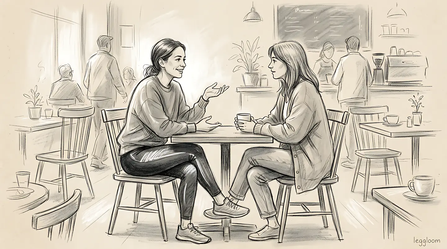 Pencil sketch of two women talking over coffee at a cafe table.